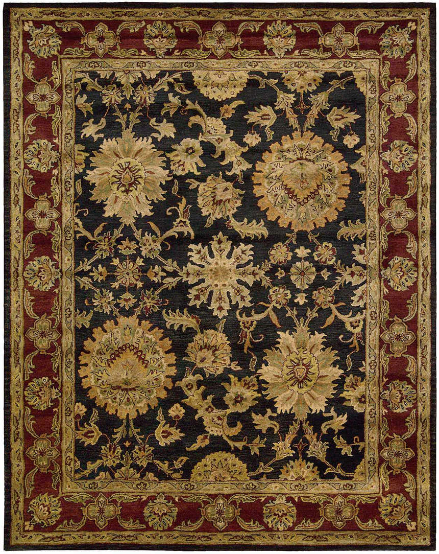 Close-up of the Nourison Jaipur Black Persian Rug. Features a floral pattern and red border. Handmade wool rug.
