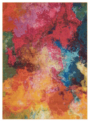 Close-up of the Nourison Celestial Palette rug with a vibrant, abstract design in pink, red, orange, yellow, green, and blue.