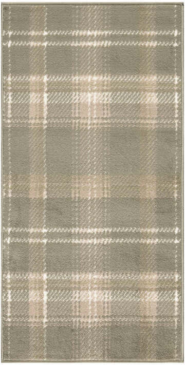 Close-up of the Nourison Grafix Olive Farmhouse Area Rug showing its olive, beige, and white plaid pattern.