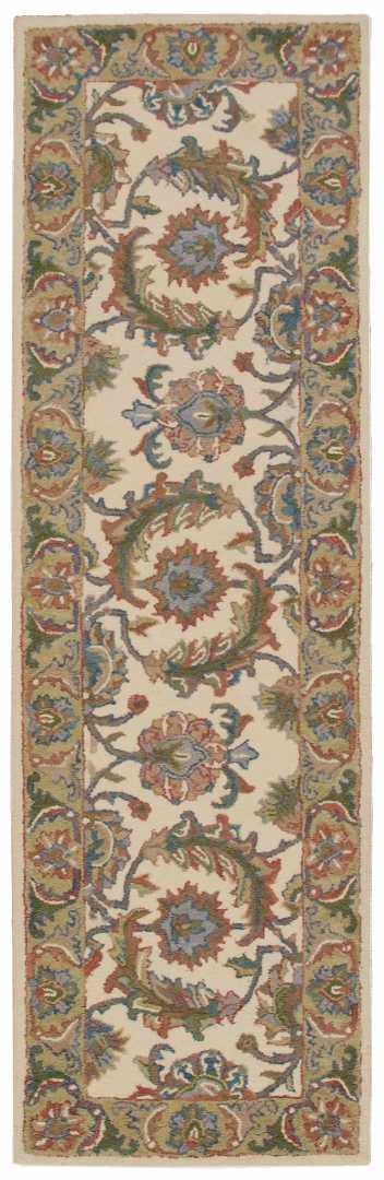 Close-up of Nourison India House Ivory/Gold Persian rug. Handmade wool runner with chestnut, blue, and green floral design.