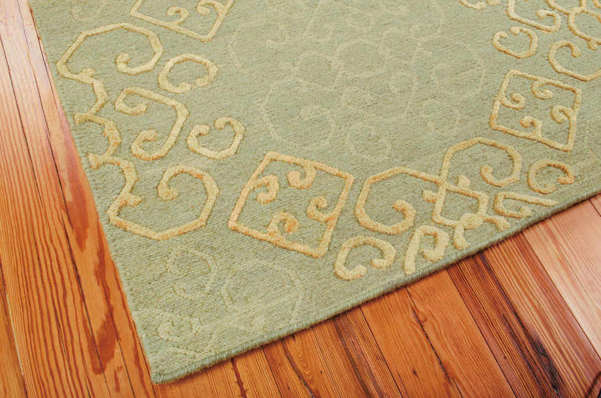Close-up of the light green Nourison Ambrose rug, featuring a raised geometric and floral border pattern.