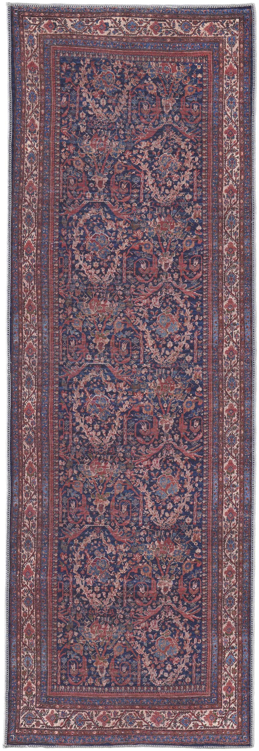 Close-up of the Feizy Rawlins Transitional Oriental rug. Machine-made runner with a red, blue, and tan vintage floral pattern. Design-Runner