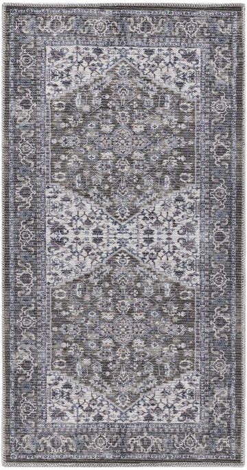 Close-up of Nourison New Concept Olive Ivory Vintage Indoor Washable Area Rug with a faded traditional pattern.