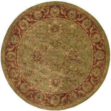 Close-up of round Nourison Jaipur Olive Persian rug. Handmade wool rug with floral pattern and red border.