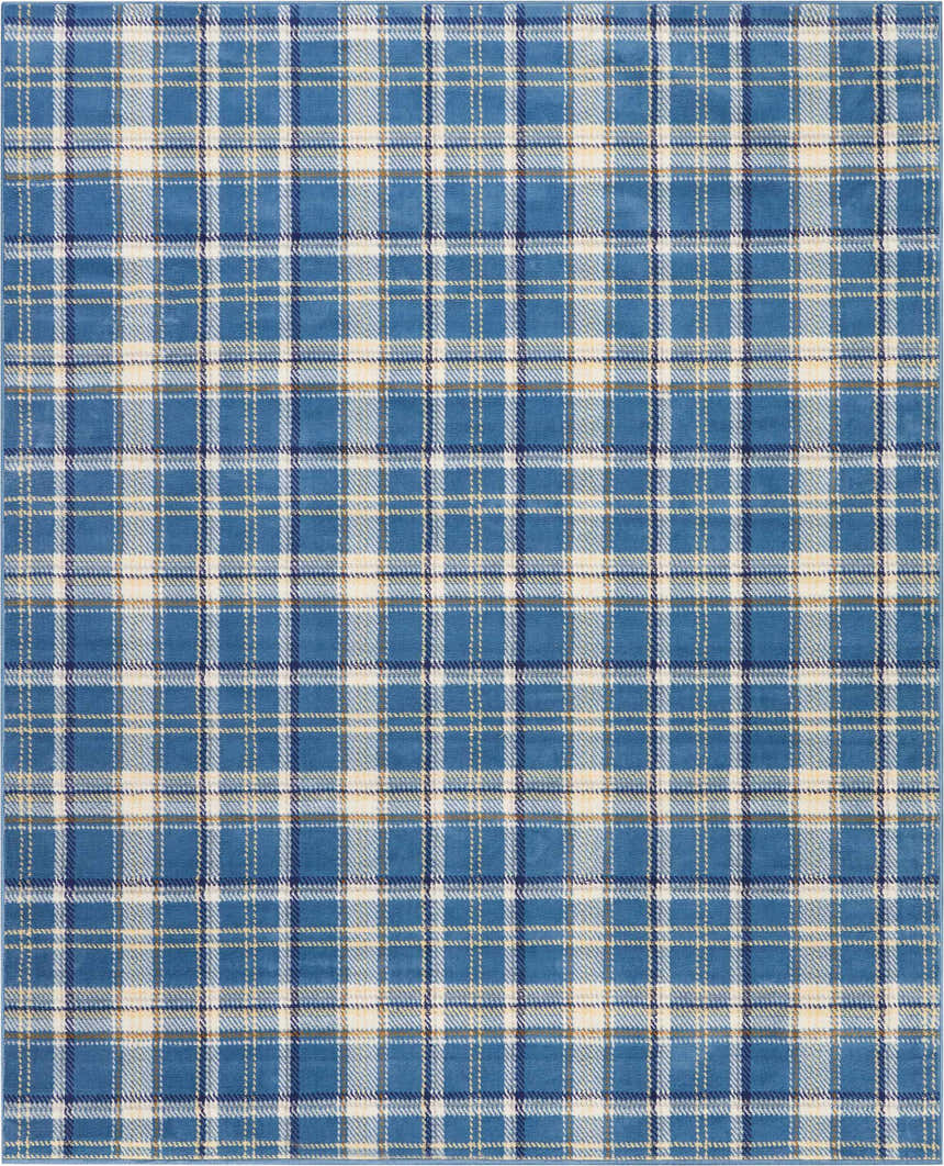 Close-up of the Nourison Grafix Blue Rustic Area Rug. Features a light blue, white, and tan plaid pattern. Southwestern style.