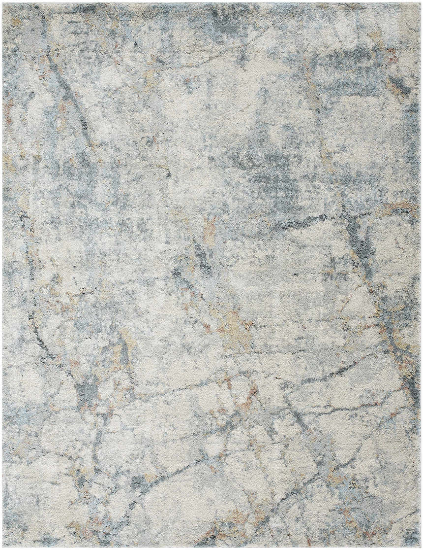 Close-up of the Urowo Blue Thick Luxe Rug. Beige, gray, and pale blue abstract pattern. Machine woven polypropylene texture. Design-Rectangle-537