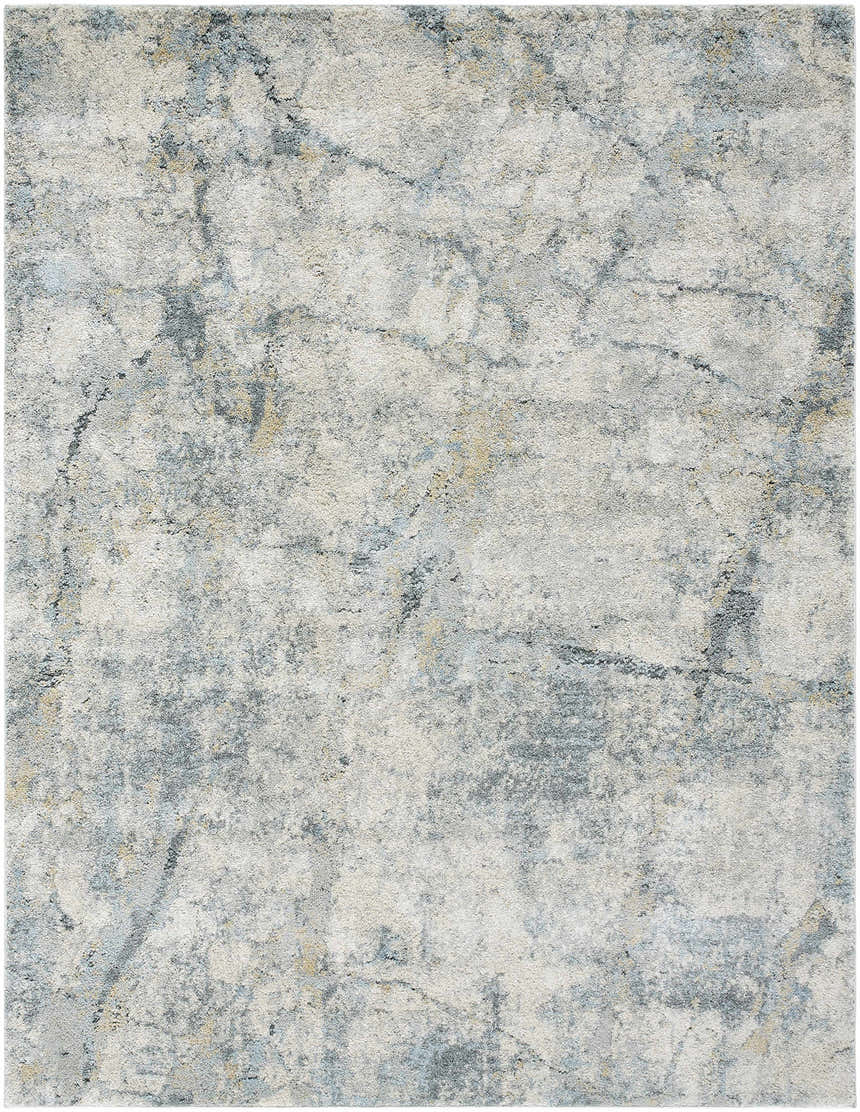 Close-up of the Urowo Light Gray Thick Luxe Rug, showcasing its cream, gray, and light blue contemporary design. Design-Rectangle-537