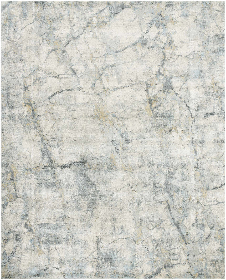 Close up of the Urowo Light Gray Thick Luxe Rug, with cream, gray, blue, and tan abstract pattern. Design-Rectangle-71010