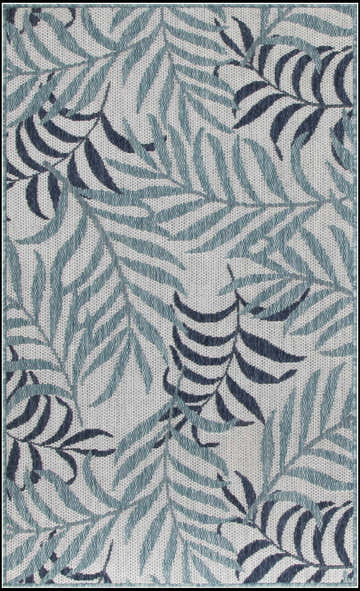 Close-up of Nourison Garden Oasis Blue Tropical Area Rug featuring a leafy light and dark blue pattern.