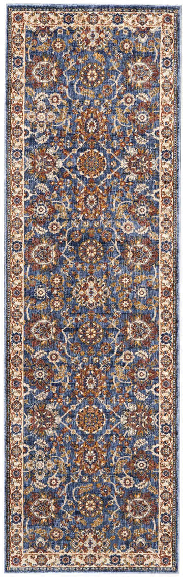 Close-up of Nourison Lagos Blue Persian rug. Light blue, rust, and cream floral pattern. Machine-made polyester runner.