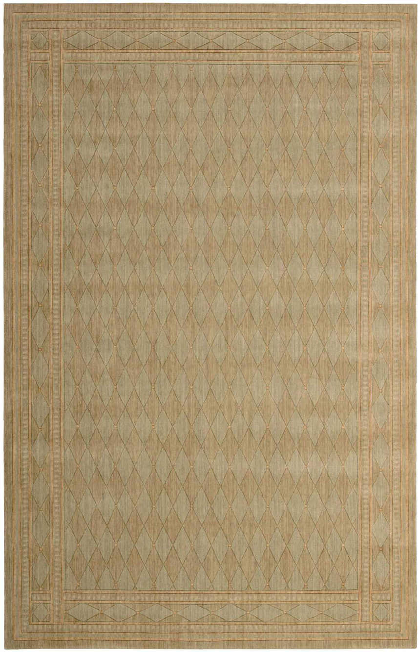 Close-up of the Nourison Cosmopolitan Pistachio Persian Rug, showcasing its diamond pattern and olive color.