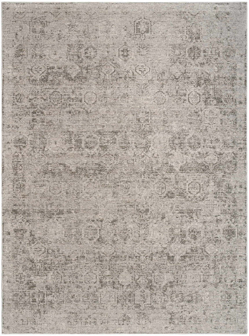 Close-up of the DKNY Pure Shades Grey Vintage Indoor Area Rug, showcasing its subtle vintage pattern and soft gray tones.