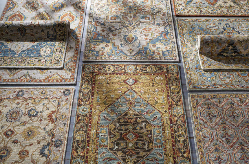 Overhead view of Alliance Area Rugs in various colors and patterns, hand-tufted construction. Clearance. Styleshot