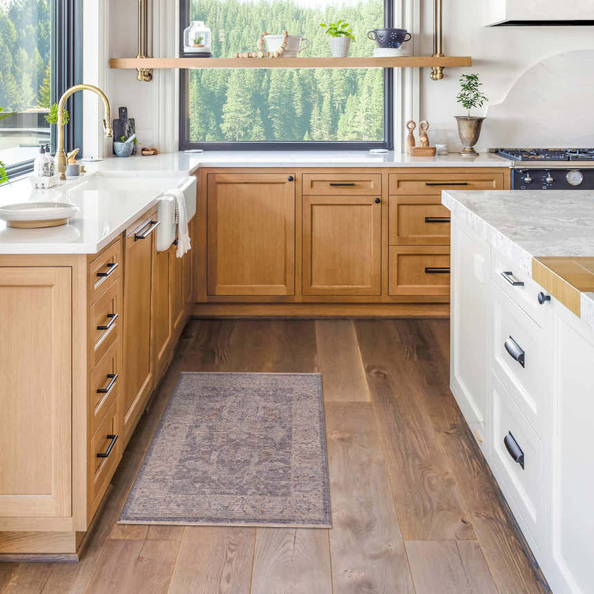 Farmhouse kitchen with wood cabinets and Binx Thick Luxe Statement Rug in brown, charcoal, and sage. Roomscene-Rectangle