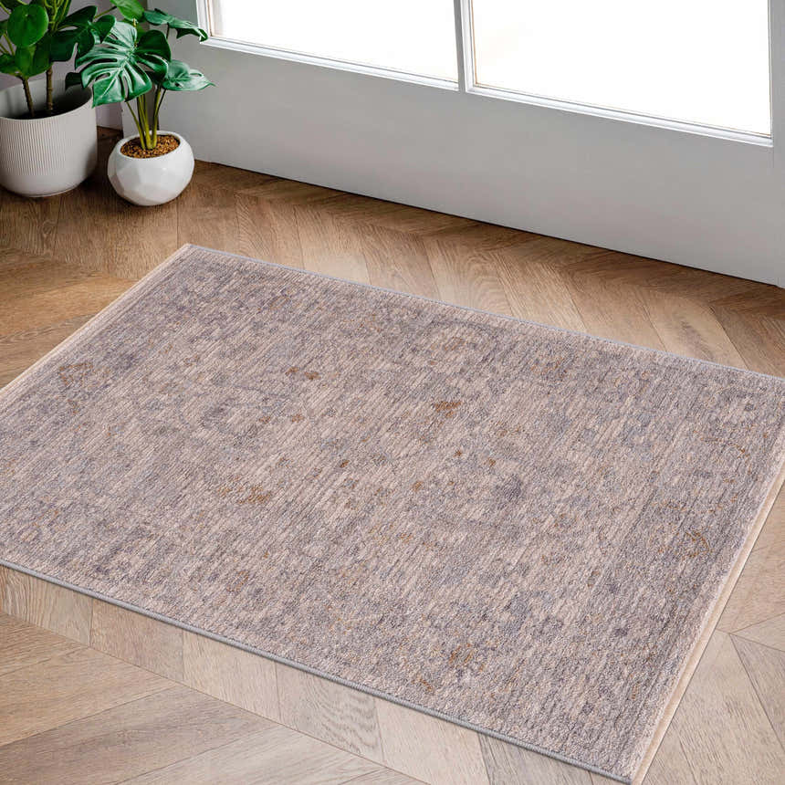 Entryway scene with the Ayarn Thick Luxe Statement Rug in brown, charcoal, and gray on wood floors near a white door and potted plants. Roomscene-Rectangle