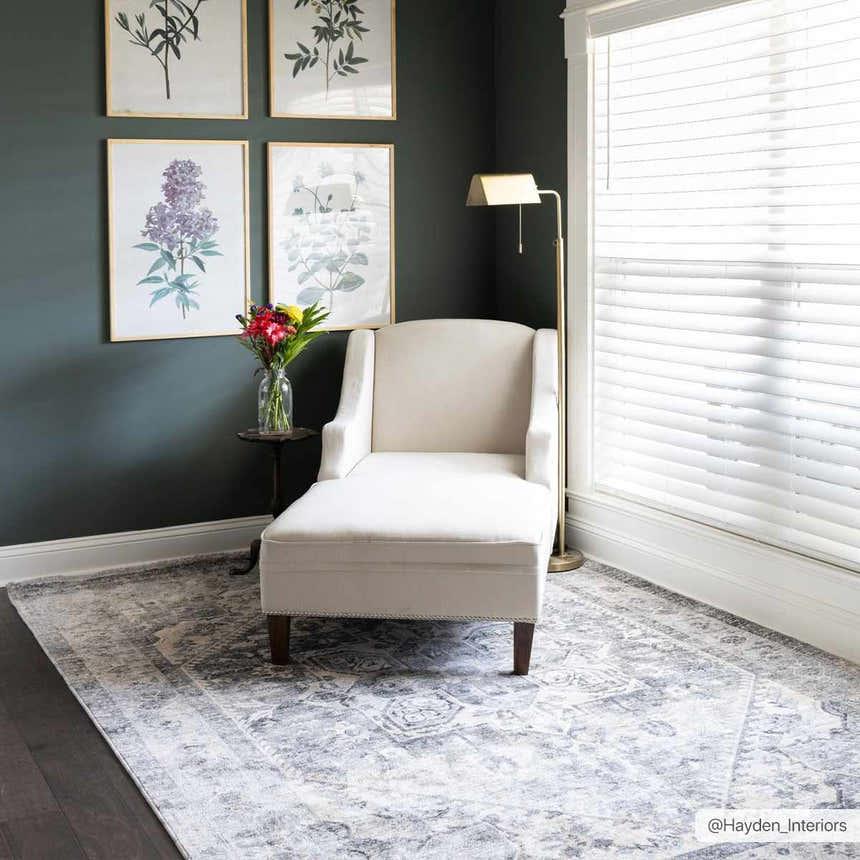 Living room scene with a gray Ailsa Area Rug, white chaise lounge, dark green walls, and botanical art prints. Roomscene-Rectangle