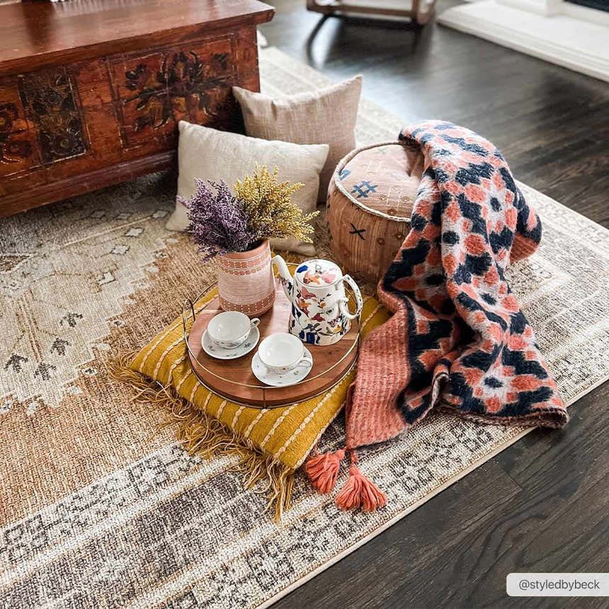 Cozy living room scene with a brown and light blue Albas Washable Area Rug, pillows, tea set, and blanket. Roomscene-Rectangle