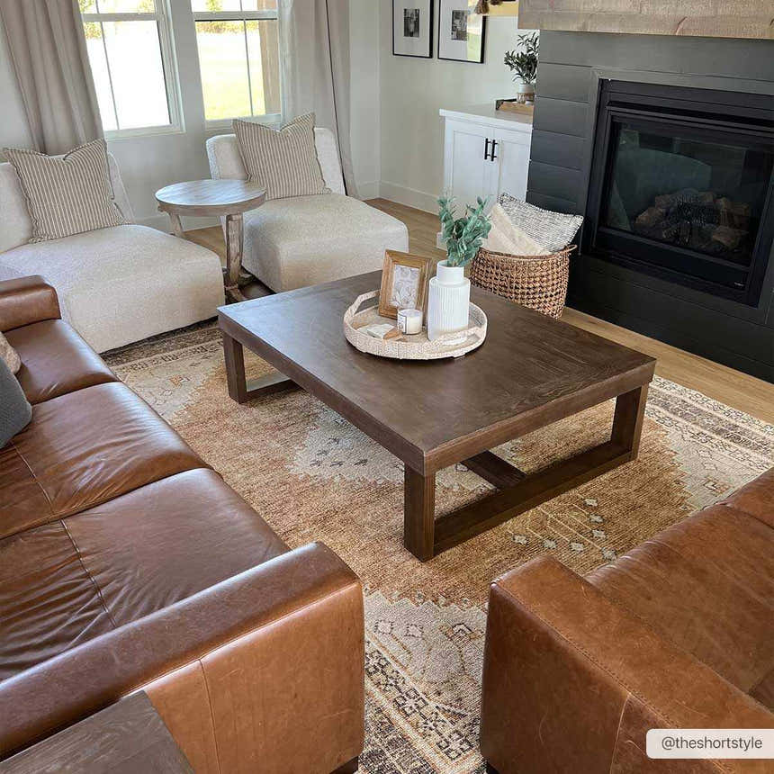 Living room with brown leather sofa and Albas Washable Area Rug in dark brown, light blue, and light brown tones. Roomscene-Rectangle