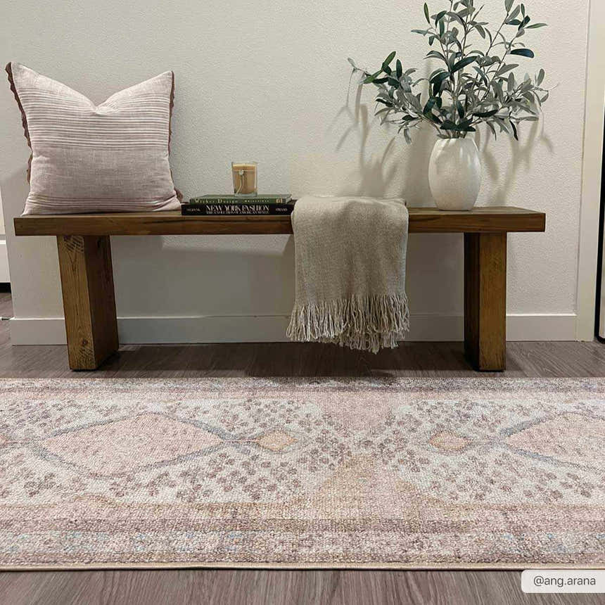 Entryway scene with a wood bench, and the Analu Non-Slip Washable Rug in brown, light blue, and tan. Farmhouse style. Roomscene-Runner