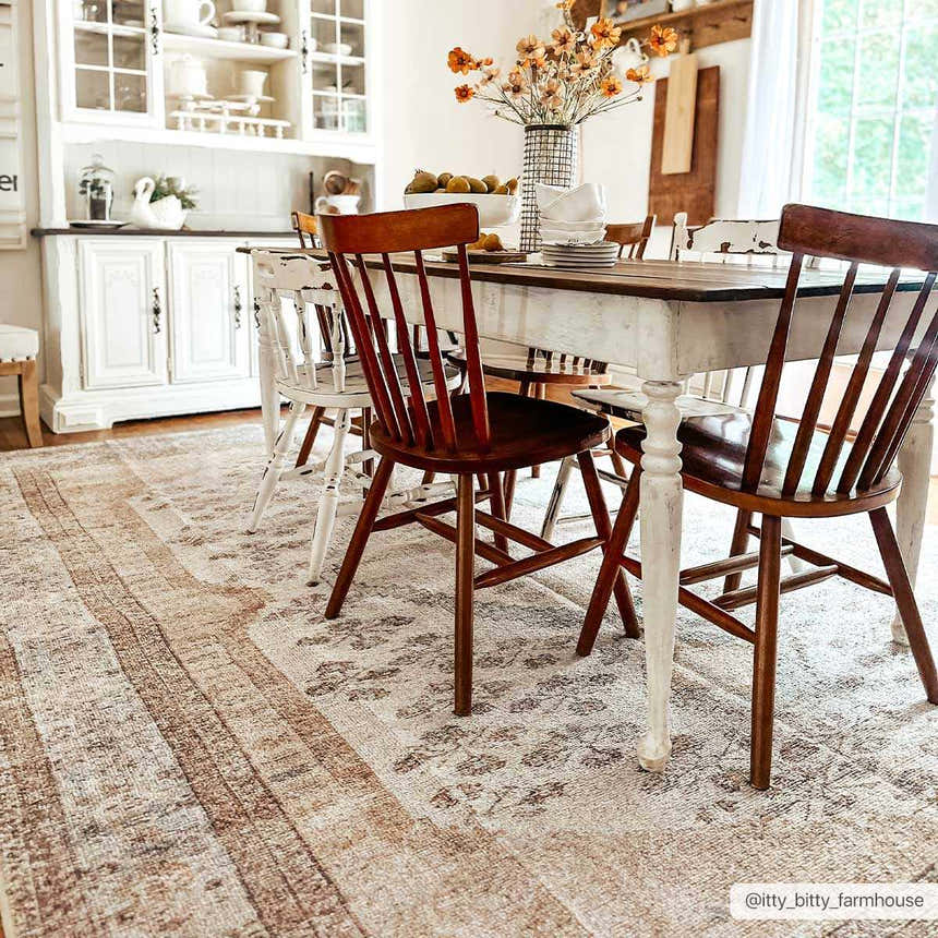 Farmhouse dining room with a rustic table and Analu Non-Slip Washable Rug in brown, sand, and tan tones. Roomscene-Rectangle