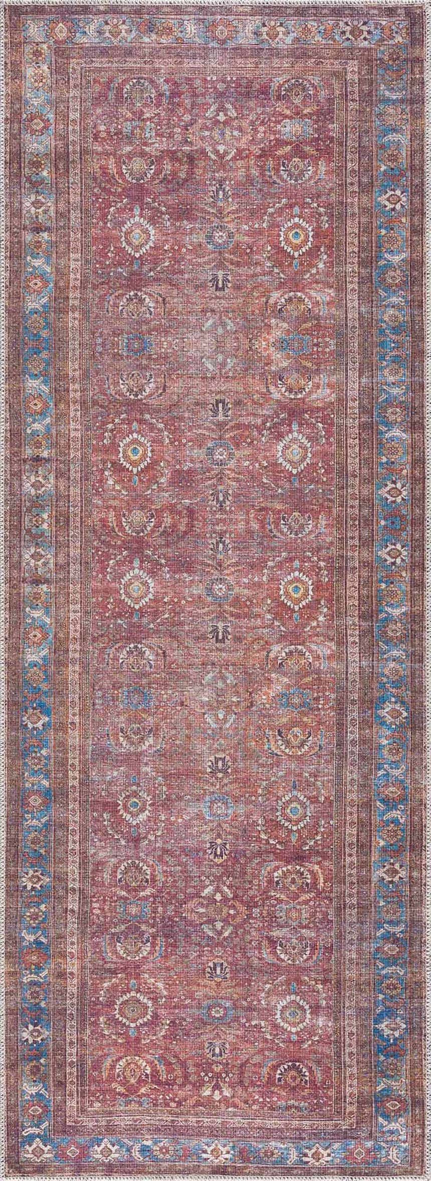 Detailed Rust Baki Traditional Washable Area Rug close-up showing Persian-style floral pattern and blue border. Design-Runner-2773