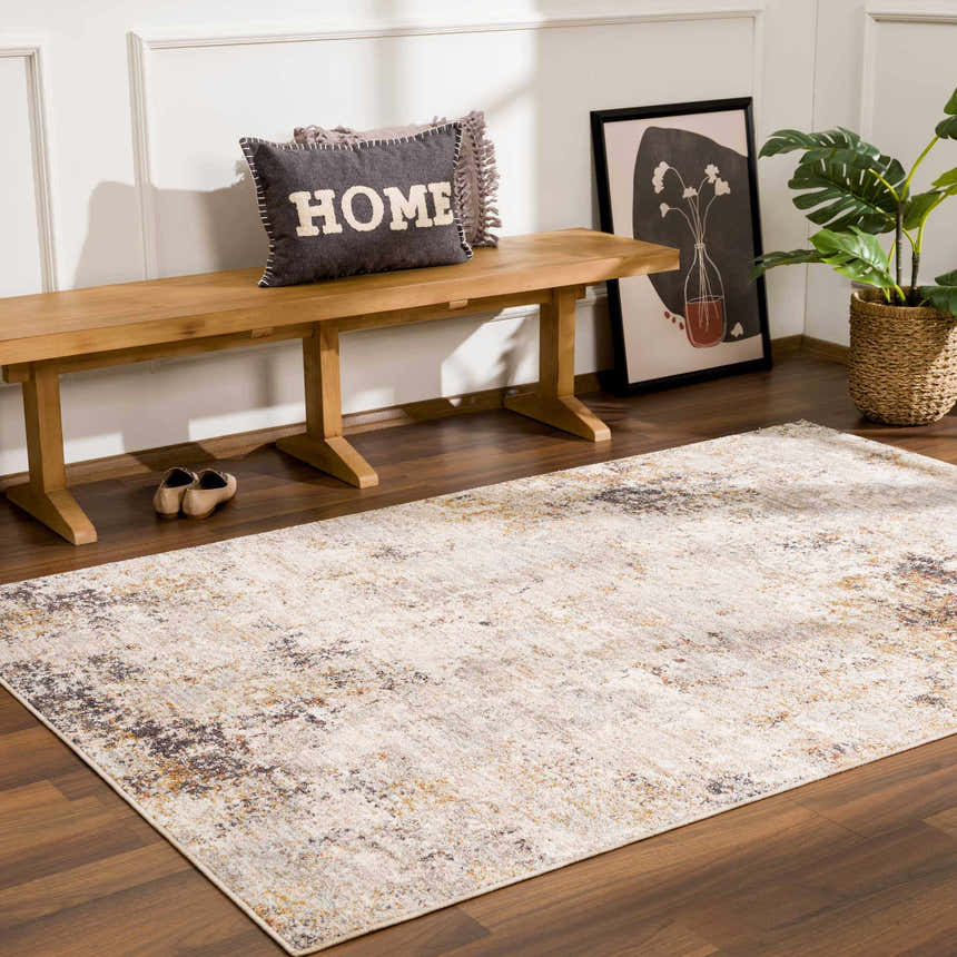 Entryway scene with a Sten Area Rug in light gray and natural gray, bench, and decor. Roomscene-Rectangle