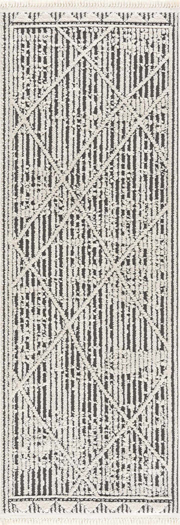 Close-up of the Umay Textured Beige Rug, featuring a geometric Moroccan-inspired design in beige, bone, and black. Design-Runner