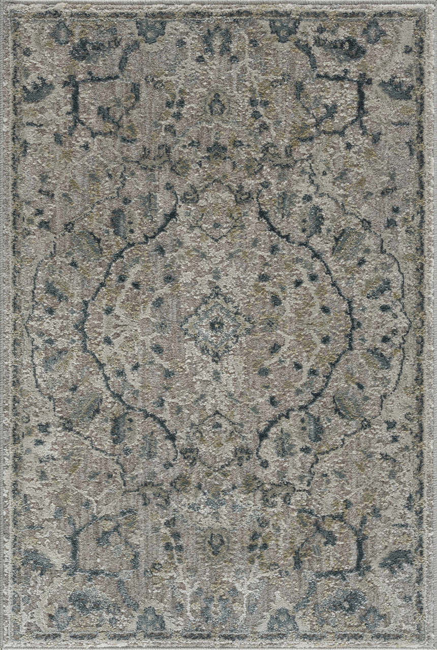 Close-up of the Bushnell Thick Luxe Boutique Rug featuring a traditional pattern in dusty sage, beige, gray, and teal tones. Design-Rectangle