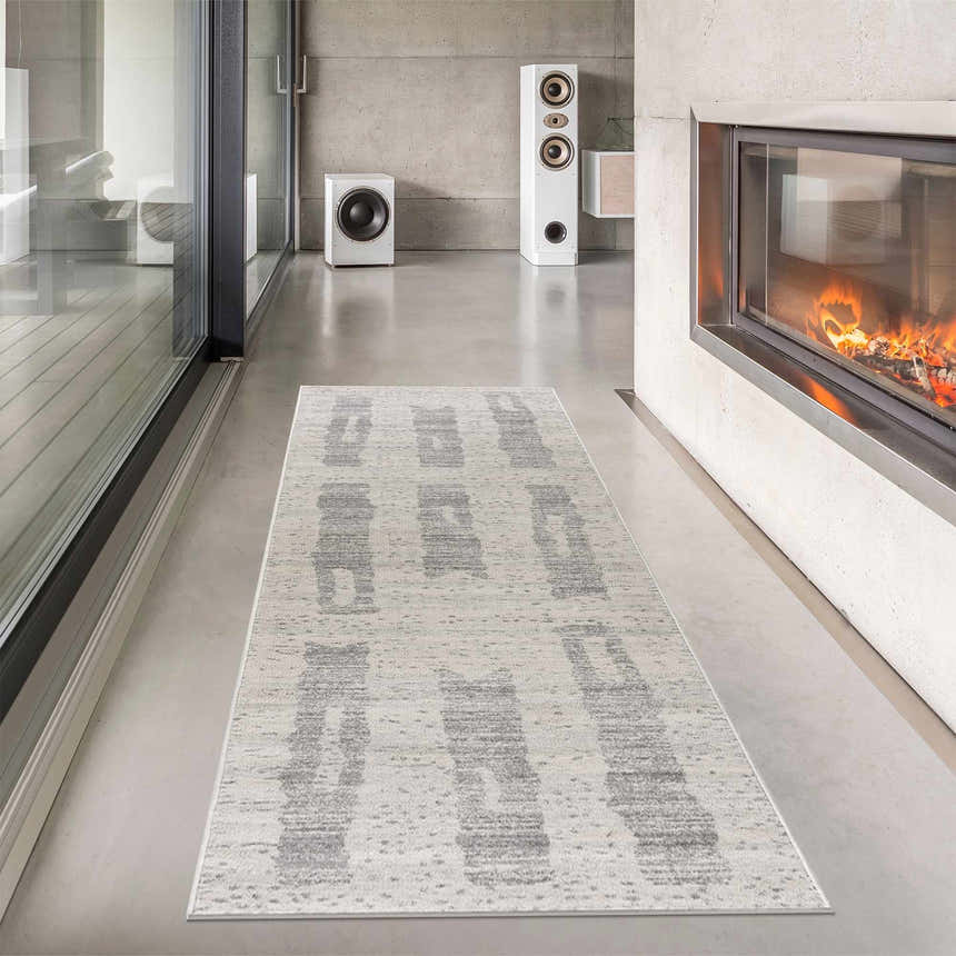 Modern living room with fireplace and Tigria Ivory 2316 runner rug in gray and ivory. Roomscene-Runner