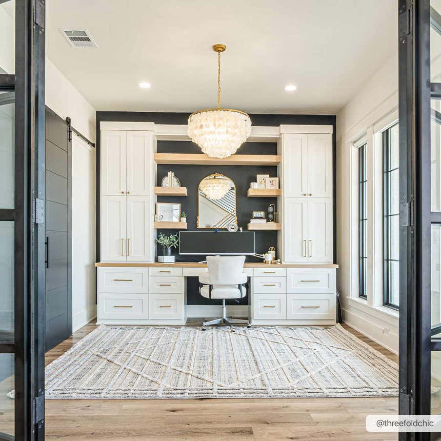 Bright home office with white built-ins and Barurao Area Rug in charcoal, cream, and beige tones. Roomscene-Rectangle