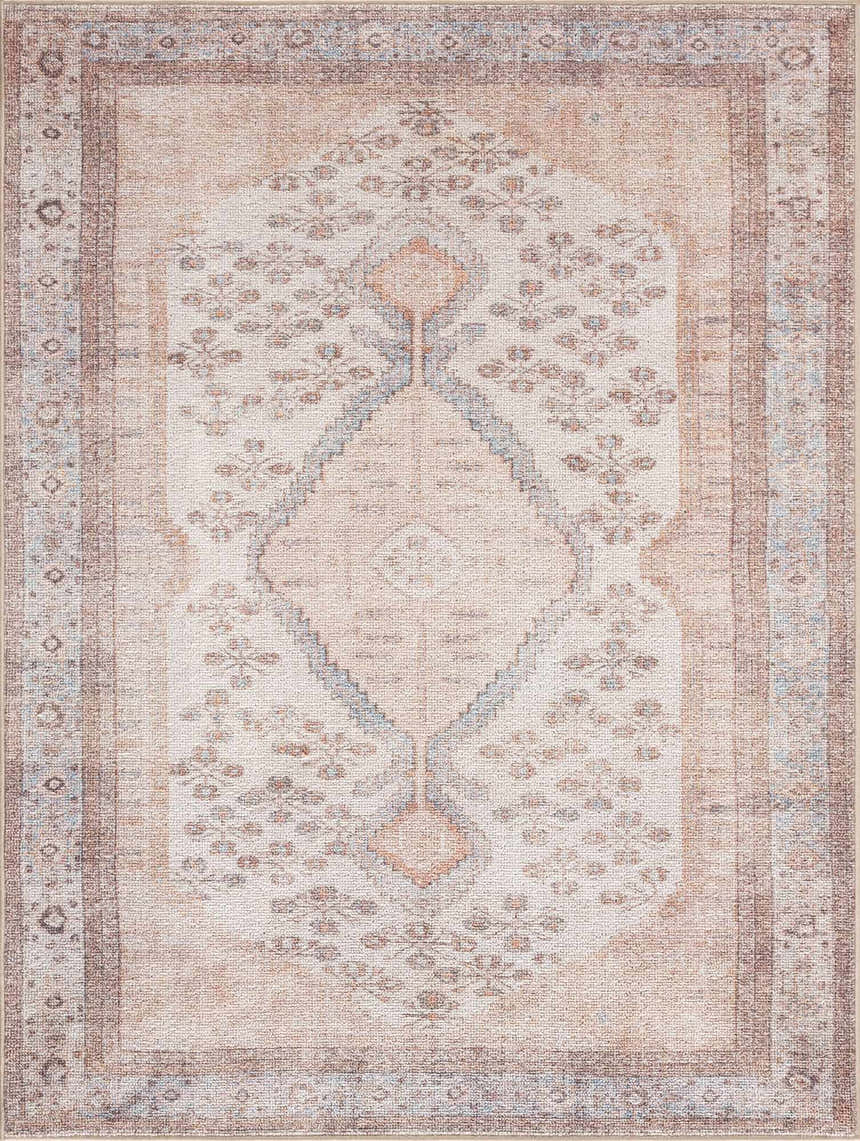 Close-up of the Analu Non-Slip Washable Rug. Features a traditional oriental pattern in brown, tan, sand, and light blue hues. Design-Rectangle-5373
