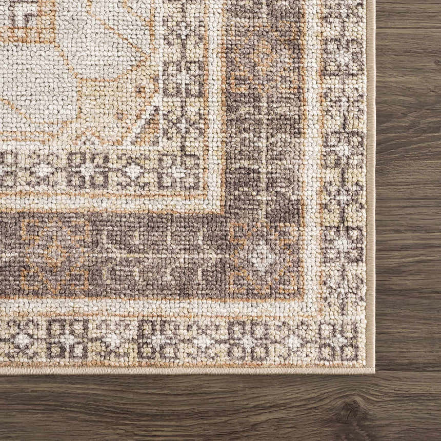 Close-up of the Albas Washable Area Rug. Features a traditional vintage pattern in dark brown, light brown, and light blue hues. Swatch