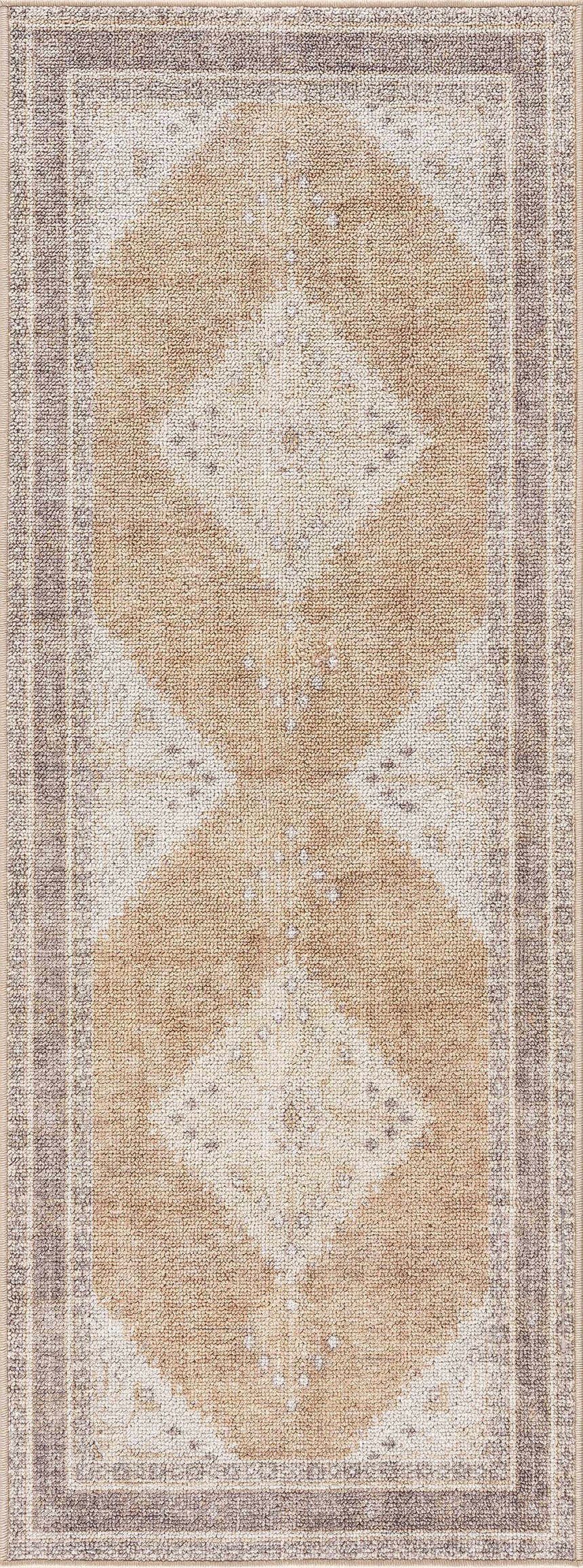Close-up of the Albas Washable Area Rug, a traditional runner with light brown and beige diamond patterns and a dark brown border. Design-Runner-2773