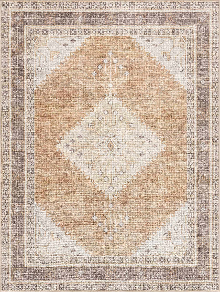 Close-up of Albas Washable Area Rug. Traditional vintage style with light brown, dark brown, and light blue diamond pattern. Design-Rectangle-5373
