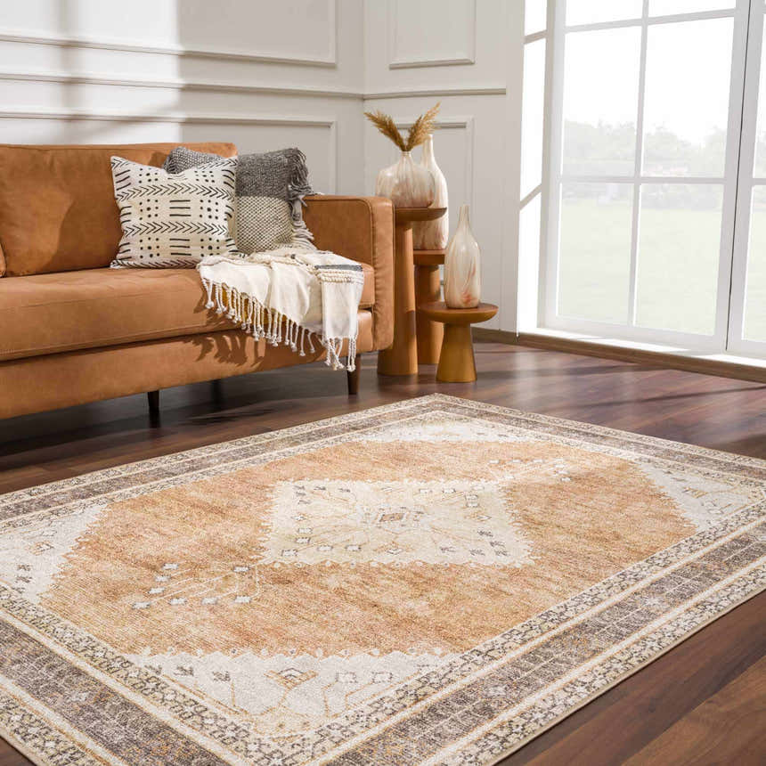 Living room with brown couch and Albas Washable Area Rug in light brown, light blue, and dark brown. Traditional vintage style. Roomscene-Rectangle