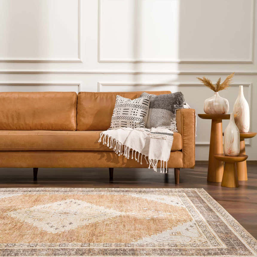 Living room scene with a brown leather sofa and the Albas Washable Area Rug in light brown and cream. Roomscene-Rectangle