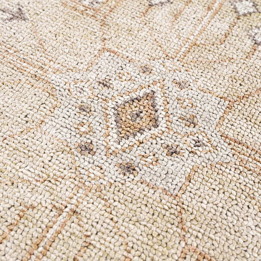 Close-up of the Albas Washable Area Rug. Features a traditional vintage pattern in light brown, dark brown, and light blue hues. Texture