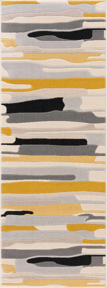 Close-up of the Southfields Mustard Modern Rug featuring a contemporary abstract pattern with mustard, black, and gray hues. Design-Runner-2773