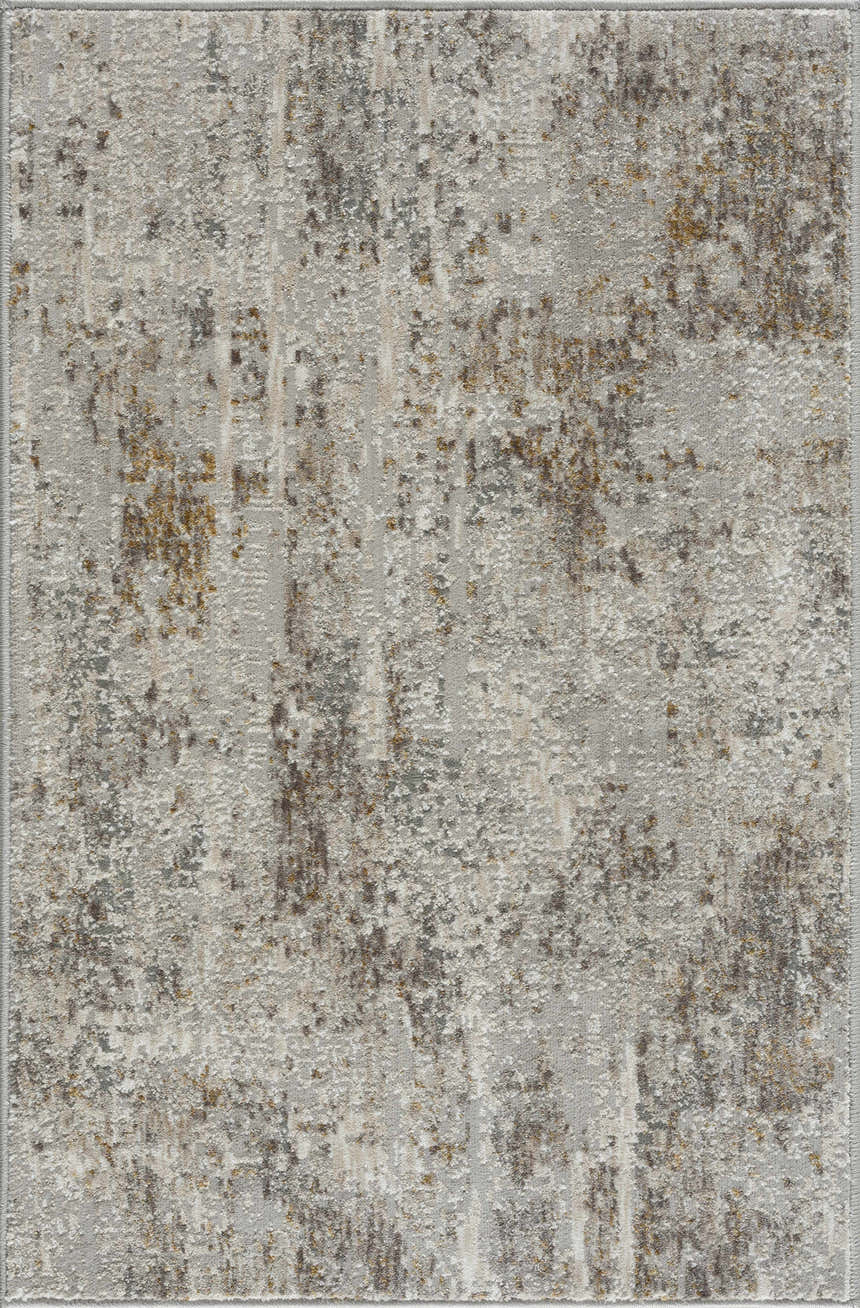 Close-up of the Windale Textured Luxe Area Rug. Abstract design in shades of gray, brown, and off-white. Polyester material. Design-Rectangle-23
