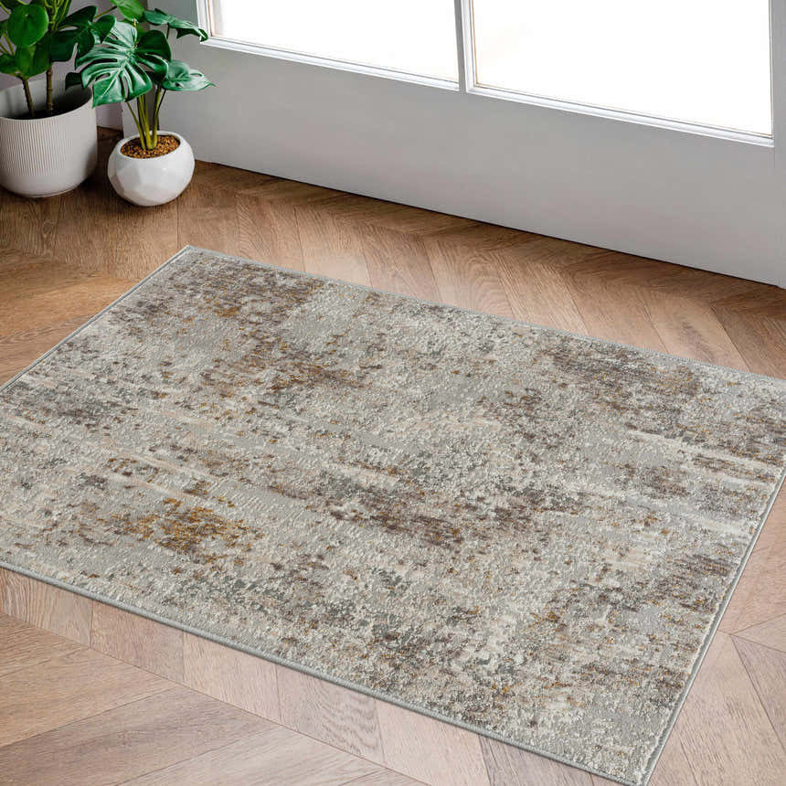 Light-filled mudroom with gray Windale Textured Luxe Area Rug on wood floor. Contemporary style with brown, gray, and mustard tones. Roomscene-Rectangle