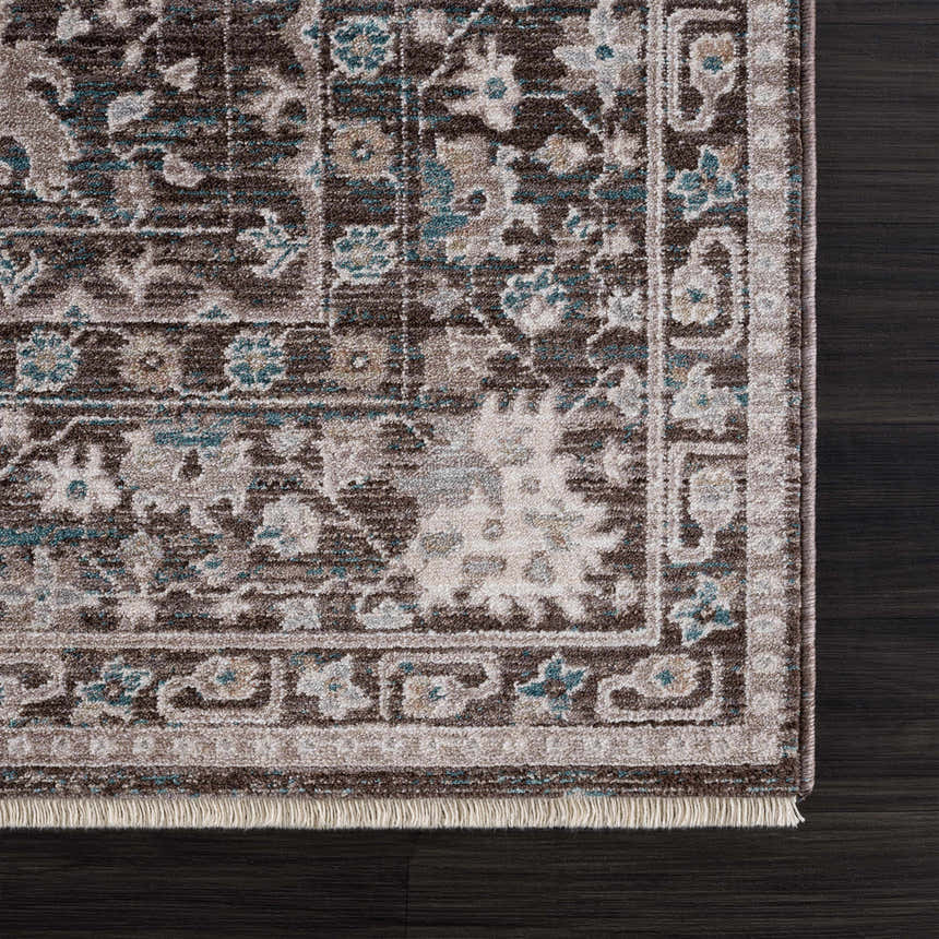 Close-up of the Linmansangan Area Rug. Brown, ivory, and pale blue oriental rug with fringe on dark wood floor. Swatch