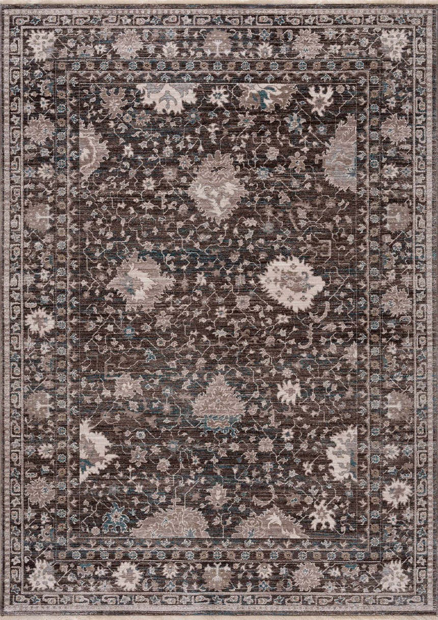 Detailed floral pattern of the Linmansangan Area Rug in dark brown, ivory, and pale blue. Traditional style. Design-Rectangle-5376