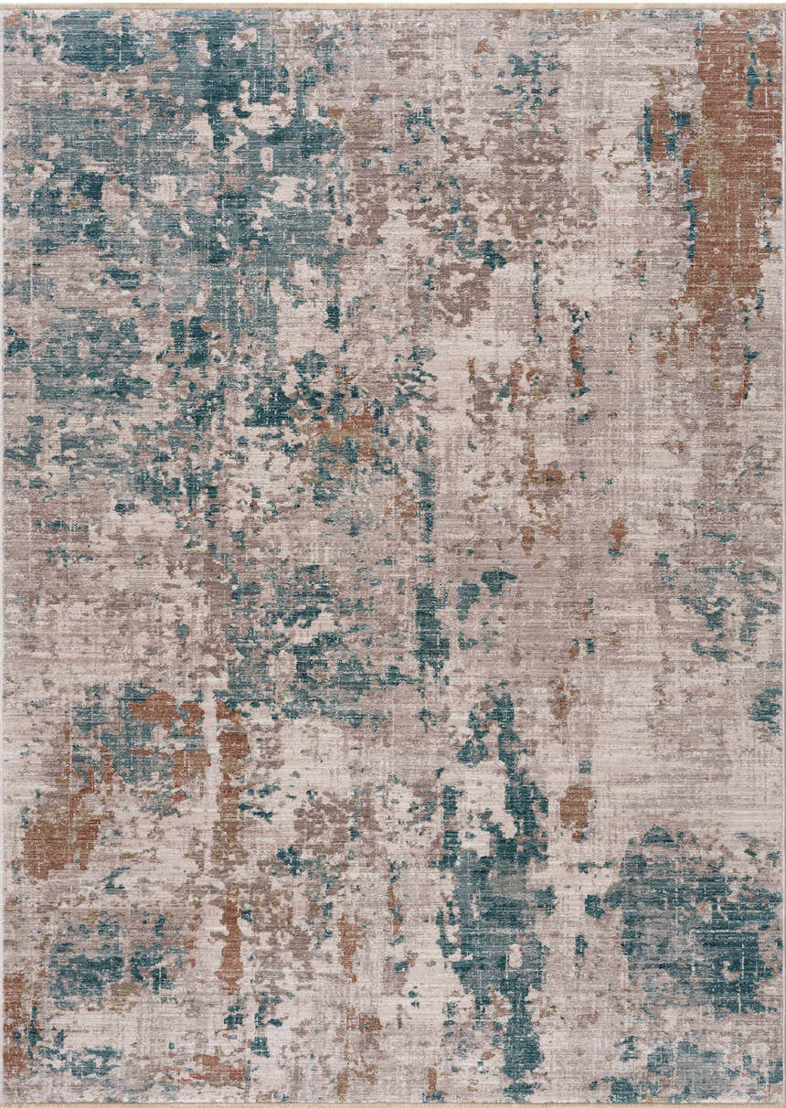 Close-up of the Danlugan Area Rug. Contemporary design in charcoal, cream, dusty pink, medium brown, and pale blue. Design-Rectangle-5376