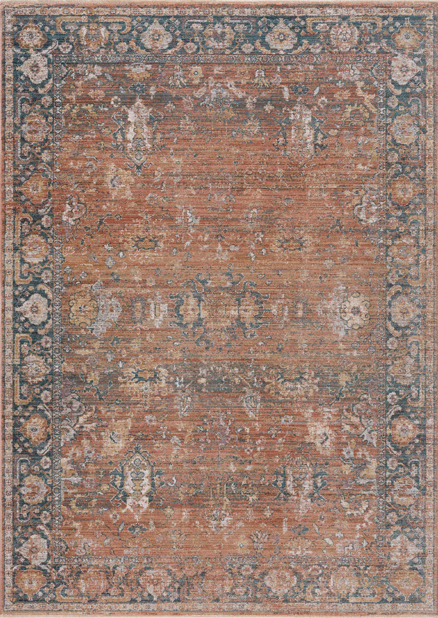 Close-up of the Mele Area Rug. Traditional design in burnt orange, bone, and dark brown with floral accents. Design-Rectangle-5376