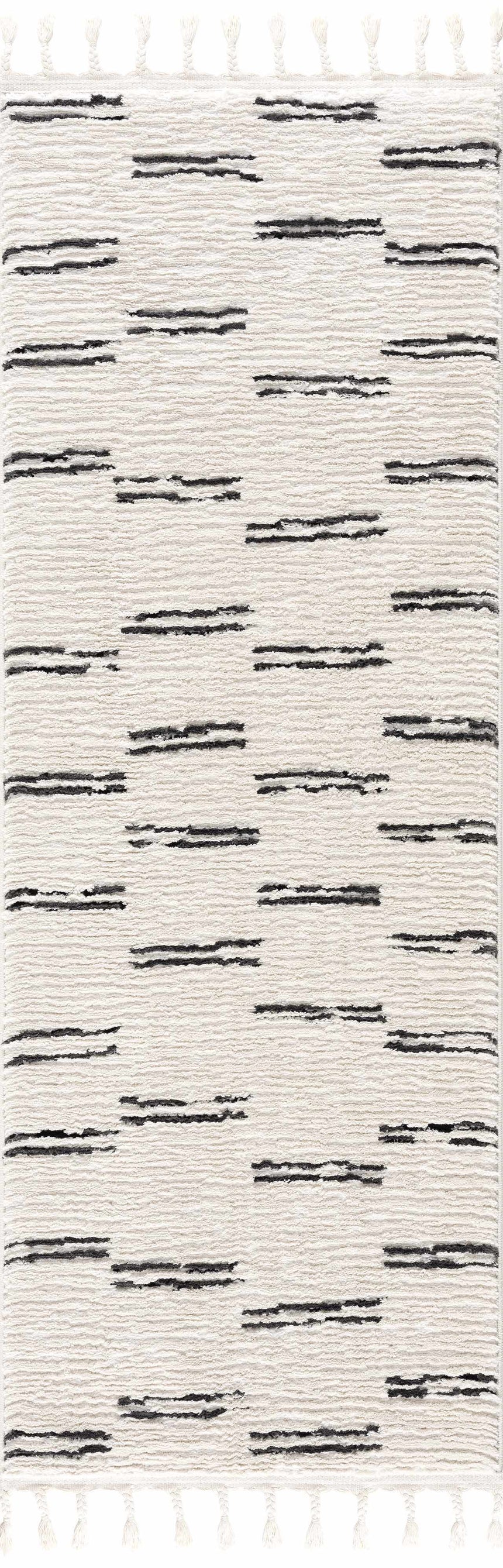 Riad Black Striped White Rug with Tassels