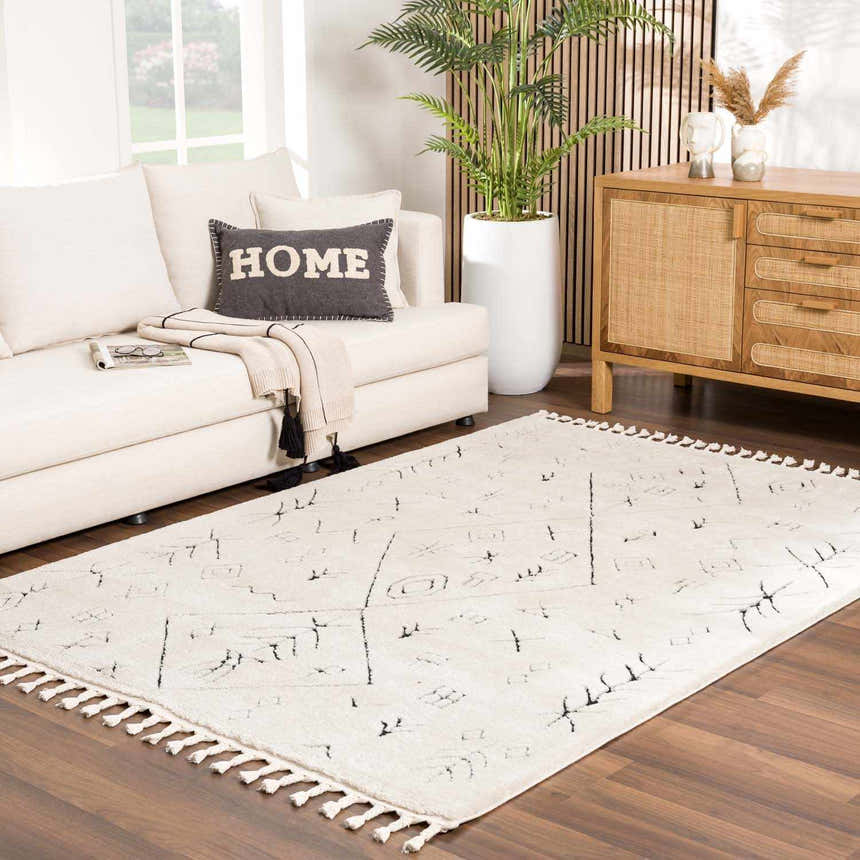Living room scene with a beige sofa and the Thian Tribal Area Rug in beige and black. Roomscene-Rectangle