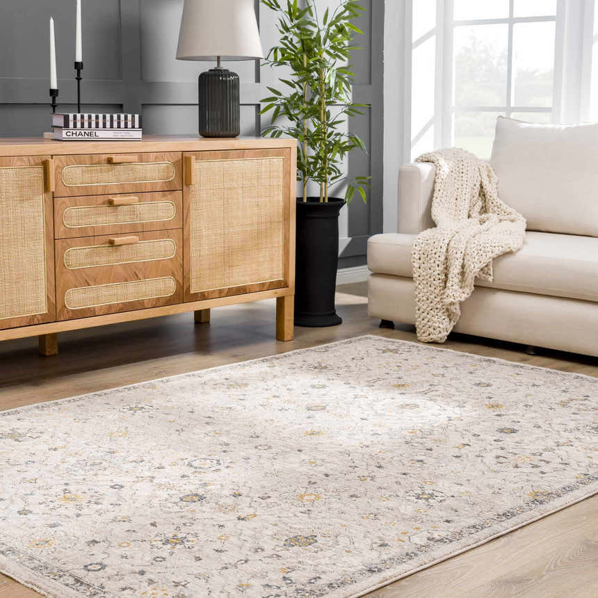Living room scene with Annie Cream Textured Rug, wood cabinet, sofa, and plant. Neutral tones create a cozy, farmhouse feel. Roomscene-Rectangle