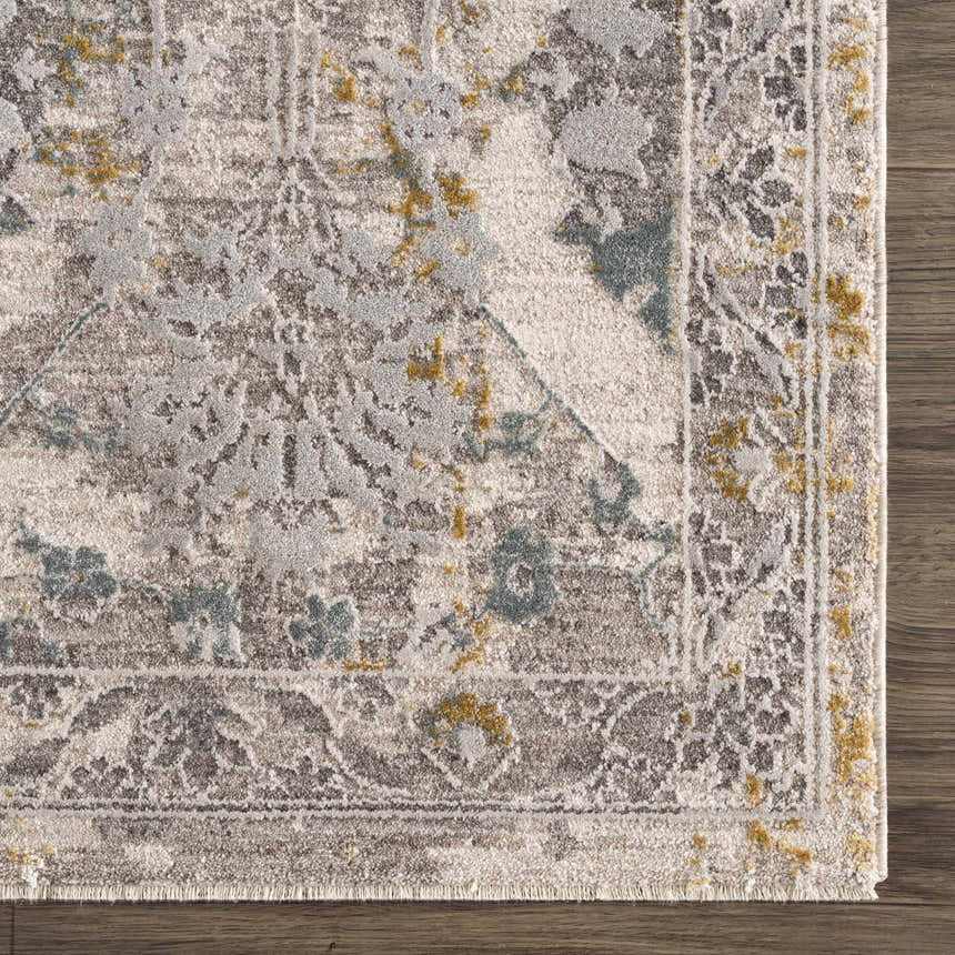 Close-up of the Alroy Textured Rug. Neutral grays, browns, and cream with subtle gold accents. Traditional floral pattern. Swatch