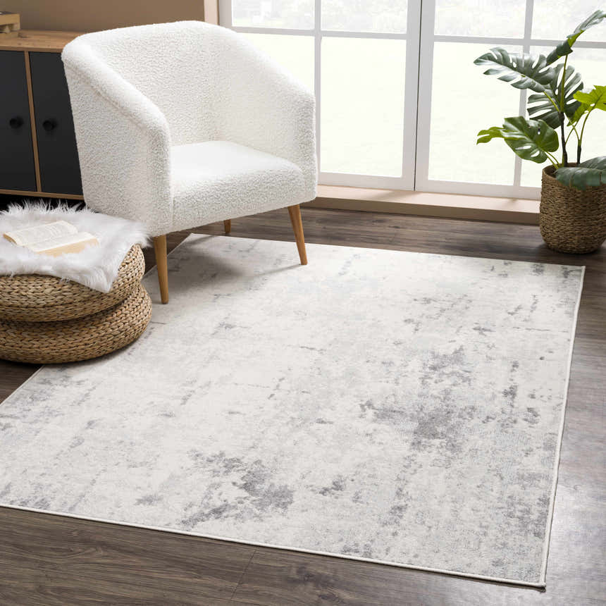 Living room scene with Tigrima Ivory 2319 Area Rug, white chair, woven ottoman, and houseplant near window. Roomscene-Rectangle