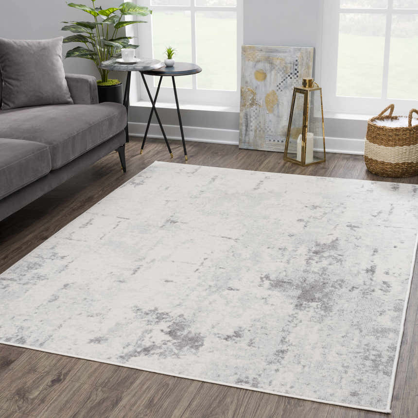 Living room scene with gray sofa and Tigrima Ivory 2319 area rug. Contemporary style with subtle gray pattern. Roomscene-Rectangle